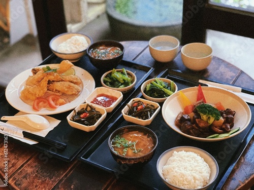 Closeup of Asian dishes on a table in a restaurant