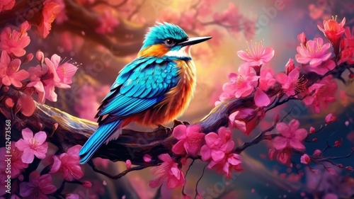 Colorful bird flutters among blooming flowers, spreading joy with its melodious song. Generative AI