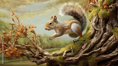 Energetic squirrel hops from branch to branch, gathering supplies for its cozy nest. Generative AI