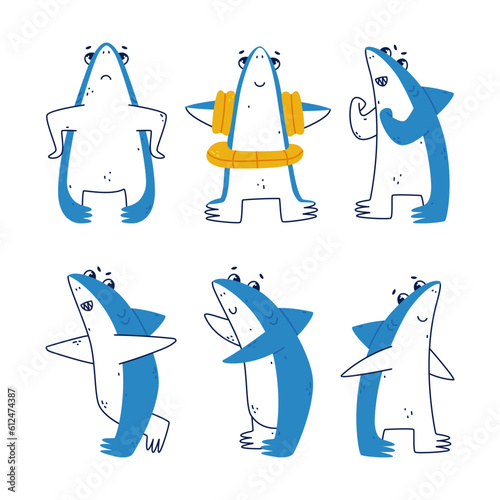 Cute Blue Shark as Sea Animal with Dorsal Fin Vector Illustration Set