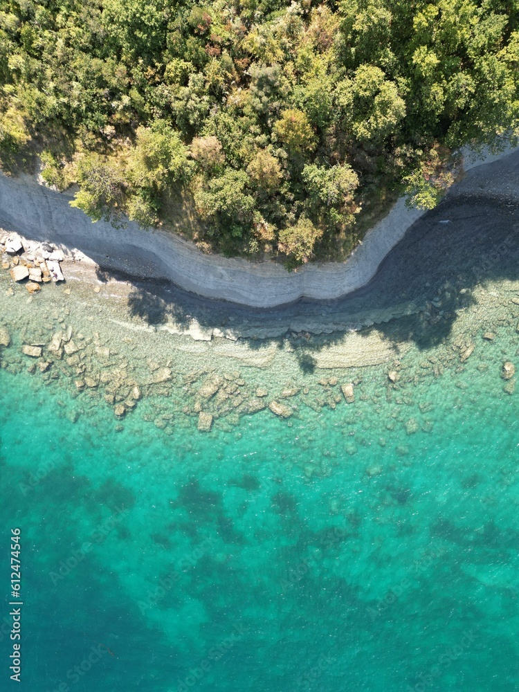 Vertical shot of turquoise water and the shore covered with green vegetation. Izola, Slovenia.