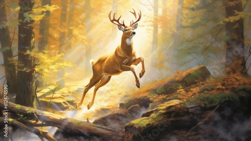 Graceful deer gracefully leaps over fallen logs, dancing in the dappled sunlight. Generative AI © Kanisorn