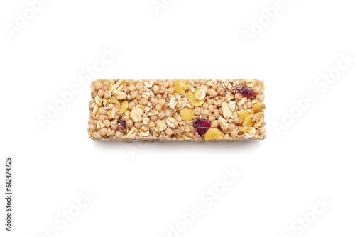 Muesli bar made from oatmeal and berries on a white isolated background. Healthy sweet dessert snack. Cereal muesli with nuts, oatmeal and berries on a white background. Delicious and healthy dessert