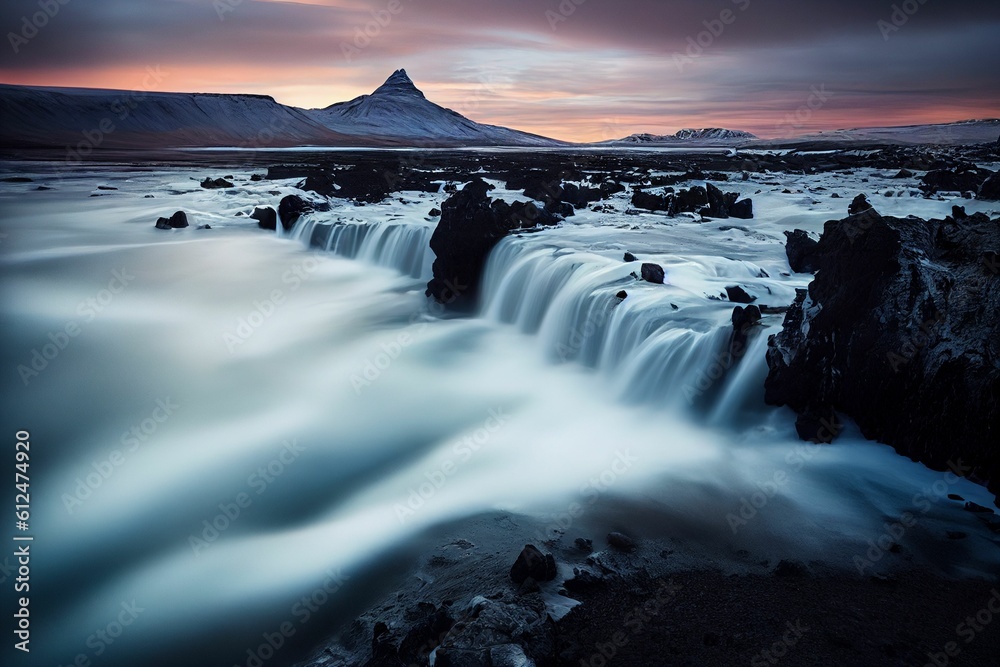 Landscape with sunrise at famous Kirkjufellsfoss waterfall and Kirkjufell mountain, Iceland.
