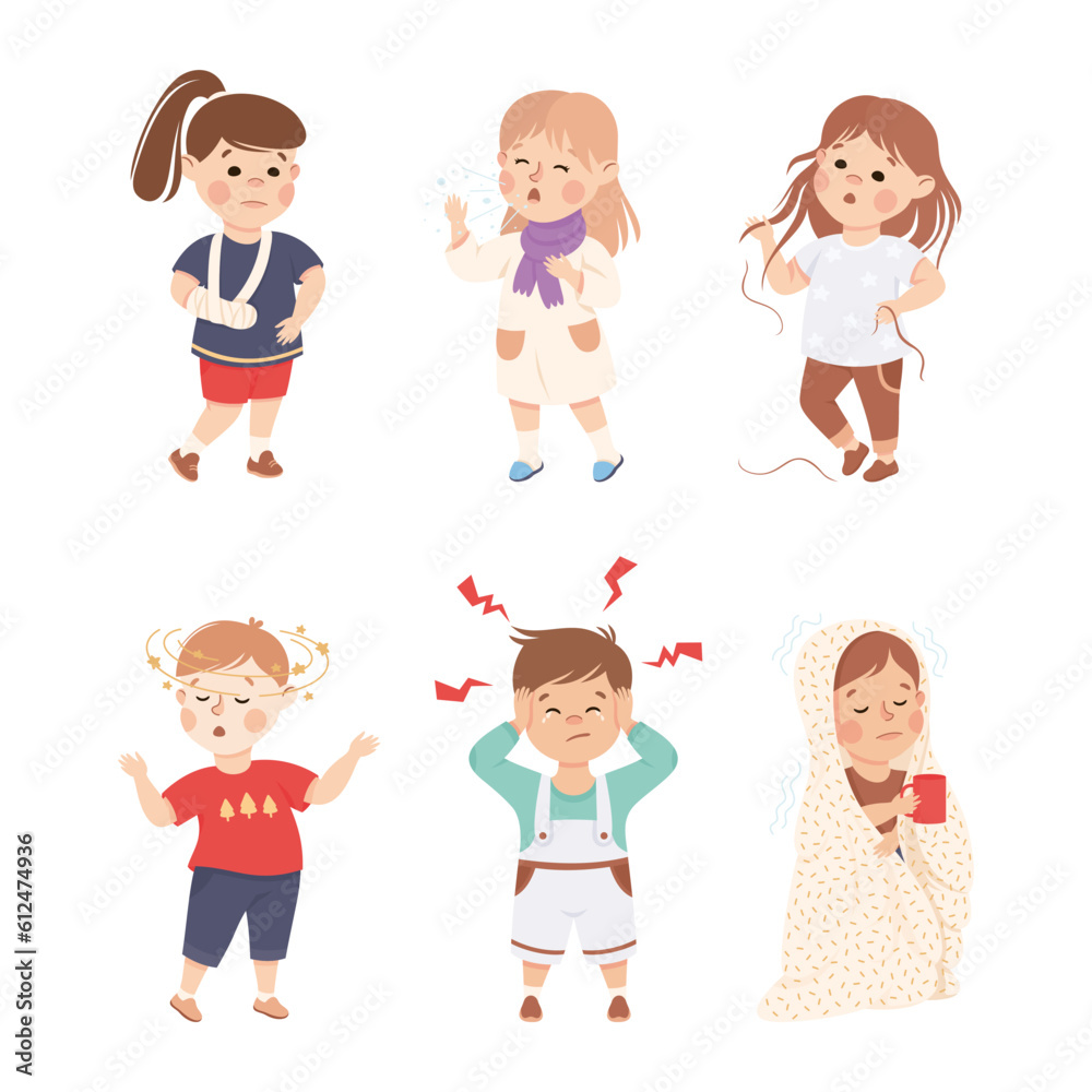 Sick Little Boy and Girl Feeling Unwell Suffering from Illness Vector Illustration Set Sick Little Boy and Girl Feeling Unwell Suffering from Illness Vector Illustration Set