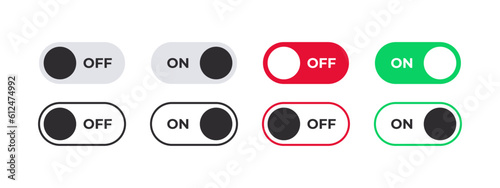 On and Off badges. On Off switcher icons. Vector scalable graphics