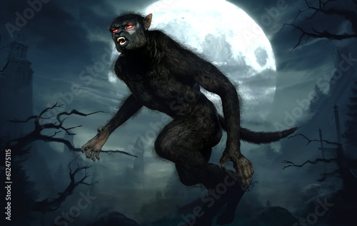 Foto Fantasy hungry werewolf 3D render with moonlit forest background