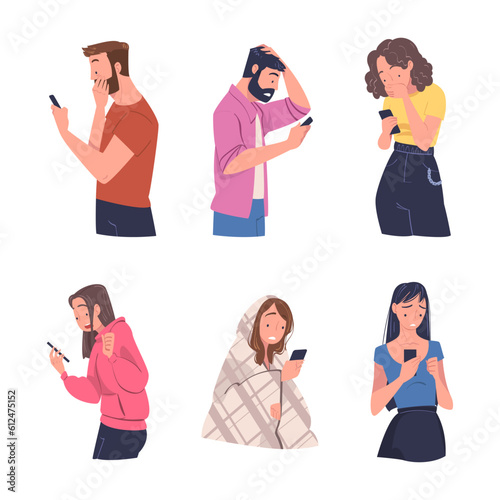 People Character with Gadget Reading Shock Content or News Vector Set