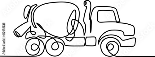 Concrete mixer truck in sketch style. Continuous one line drawing
