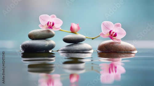 Orchids and spa stones balance on calm water. Generative AI illustration