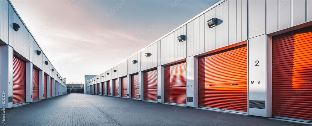 © DELstudio - Generative AI, Mini colorful metal self storage facilities rental units, warehouse exterior, industry garage building.