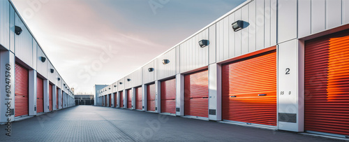 Valokuva Generative AI, Mini colorful metal self storage facilities rental units, warehouse exterior, industry garage building