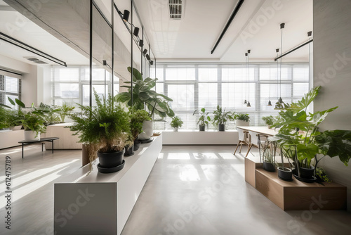 Empty modern office zoned with indoor plants. Generative AI illustration