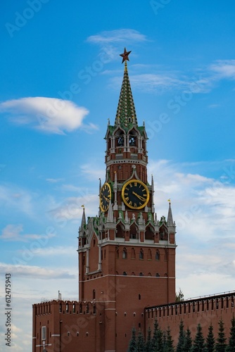 Vertical shot of the Spasskaya Tower of the Moscow Kremlin on Red Square