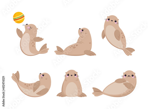 Cute Seal with Beige Fur and Fins Swimming and Playing Ball Vector Set