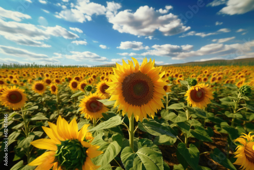 "Golden sea of sunflowers." A panoramic view of a sunflower field stretching as far as the eye can see. Generative AI 