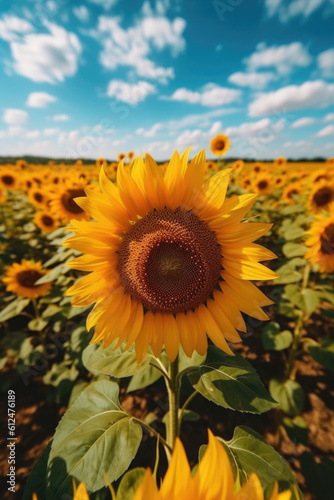 Endless sunflowers in bloom. A panoramic view of a sunflower field stretching as far as the eye can see. Generative AI 