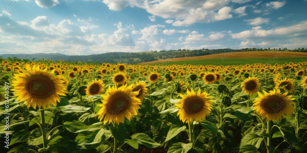 Obraz premium A panoramic view of a sunflower field stretching as far as the eye can see. Generative AI 
