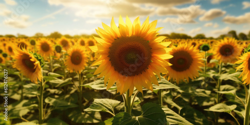 A panoramic view of a sunflower field stretching as far as the eye can see. Generative AI 