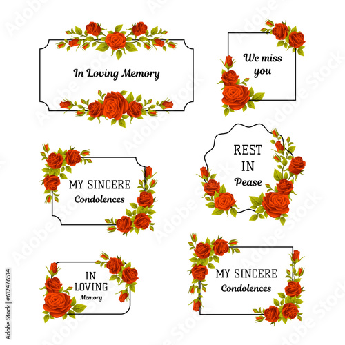 Funeral Red Rose Frame with Text Quote and Inscription Vector Set