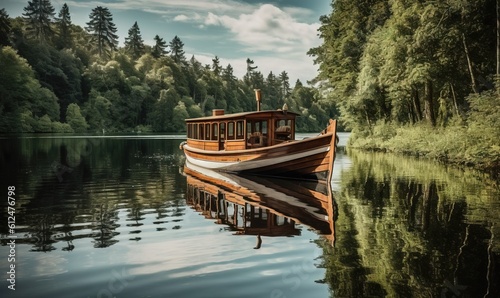  a small boat floating on top of a lake next to a lush green forest covered forest filled with lots of tall trees and a blue sky. generative ai