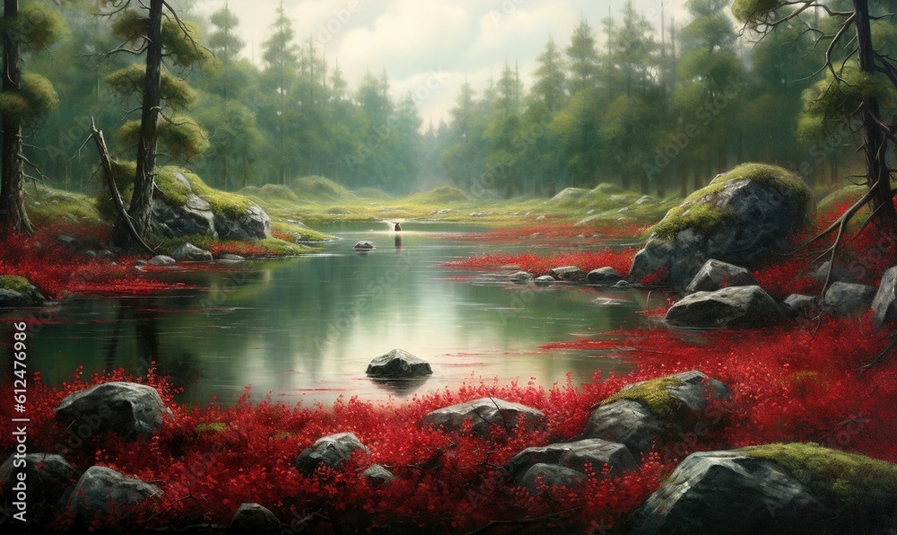  a painting of a man fishing in a lake surrounded by rocks and red flowers in the foreground, with a forest in the background.  generative ai