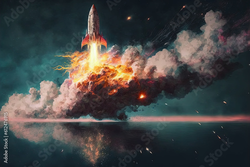 Rocket launch in the clouds and flames. Space ship taking off, starting the flight. Generative AI