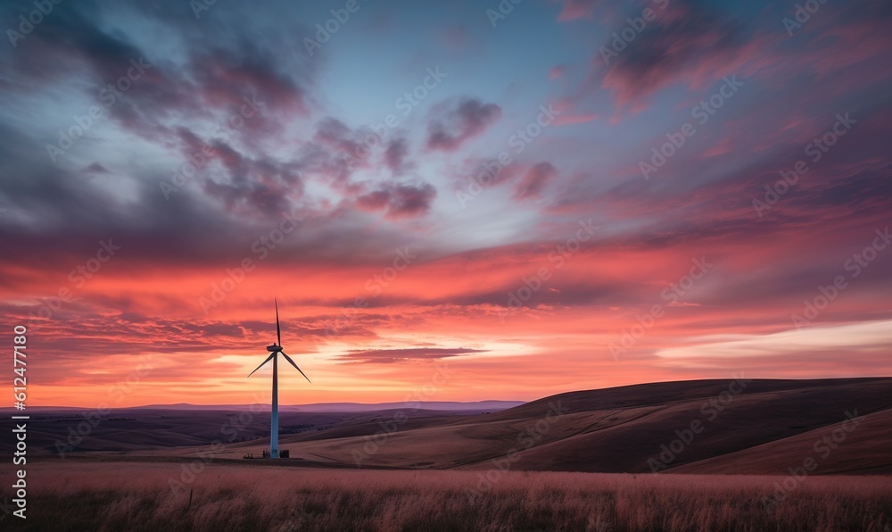 Obraz premium a wind turbine in a field with a sunset in the background and clouds in the sky over the hills and hills behind it, with a red and blue sky with white clouds. generative ai