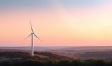  a wind turbine on top of a hill with trees in the foreground and a pink sky in the background with a few clouds in the distance.  generative ai