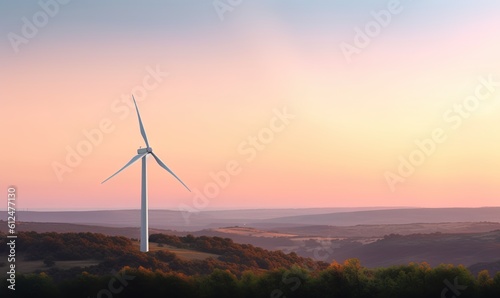  a wind turbine on top of a hill with trees in the foreground and a pink sky in the background with a few clouds in the distance. generative ai
