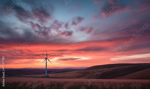  a wind turbine in a field with a sunset in the background and clouds in the sky over the hills and hills behind it, with a red and blue sky with white clouds. generative ai