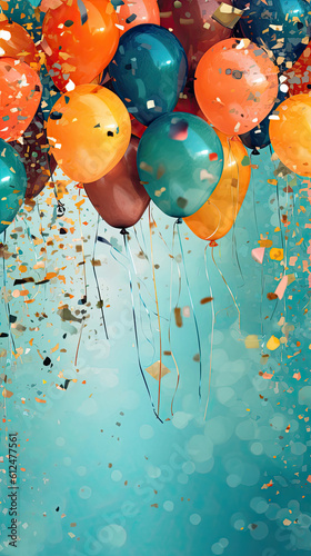 A colorful balloons with confetti on the top. A mobile Banner with negative space for copy in the center for birthday and celebration photo