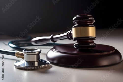 Gavel and stethoscope in the background. Medical law and law concept 