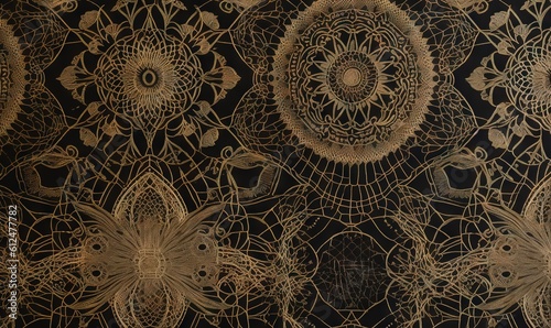  a black and gold wall with a bunch of circles and a butterfly on it's back wallpapered with intricate lace and crochetwork.  generative ai photo