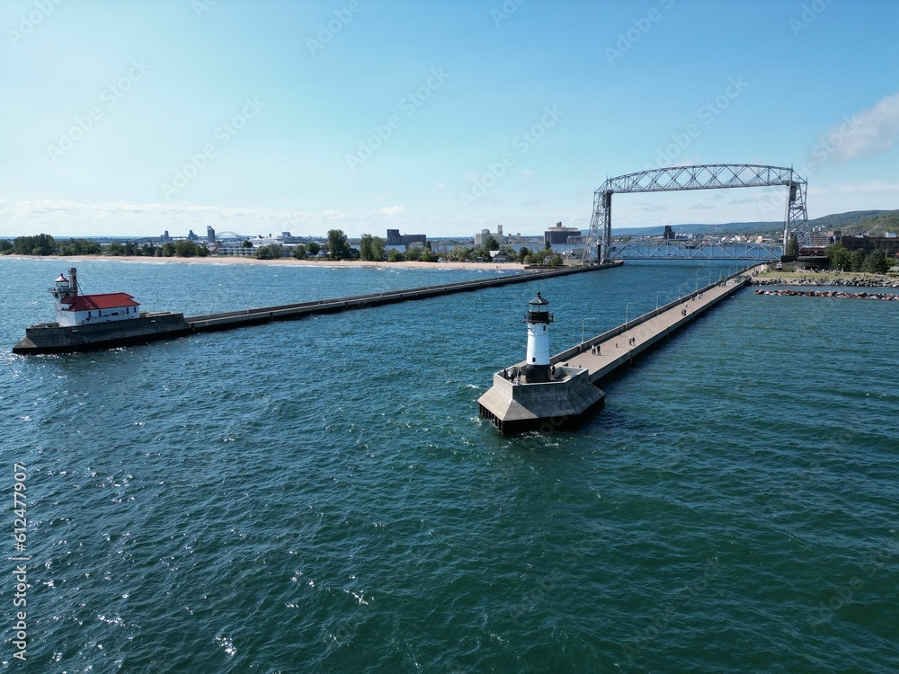 Aerial Lift Bridge with lighthouses at end of piers