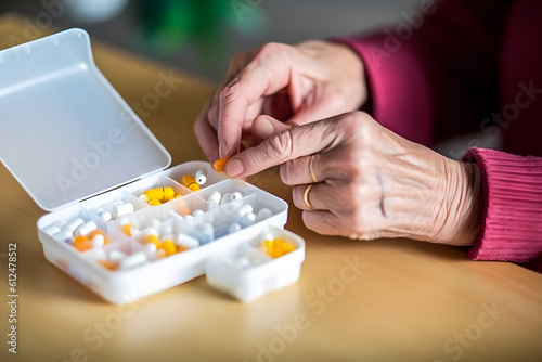 Female senior hands sorting pills. Close-up of a pill box for daily intake of a medicine with white, yellow medicine and capsules. ...my home 