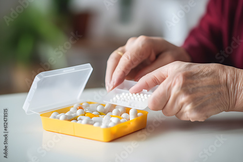 Female senior hands sorting pills. Close-up of a pill box for daily intake of a medicine with white, yellow medicine and capsules. ...my home 