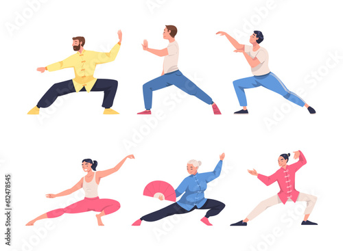 People Character Practicing Tai Chi and Qigong Exercise as Internal Chinese Martial Art Vector Illustration Set