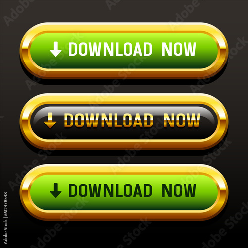 Download now buttons. Green and black buttons in a gold frame. Vector clipart isolated on white background.