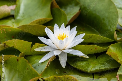Closeup of a beautiful White Water-Lily with waterdrops