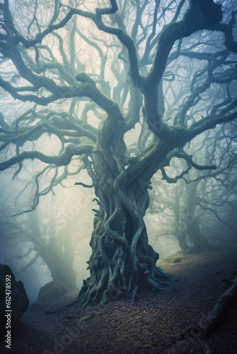 Ancient trees hidden in mystical fog. Generative AI 