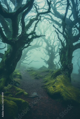 A dense  mystical fog enveloping ancient trees in an enchanted forest. Generative AI 