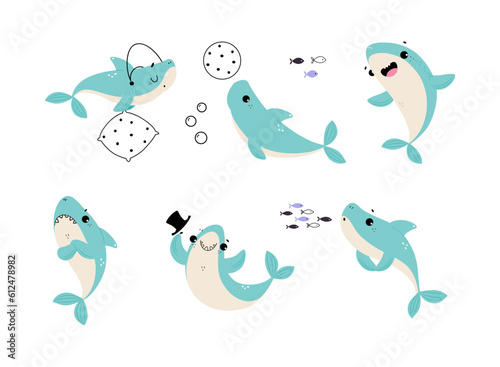 Comic Blue Shark as Marine Animal Vector Set