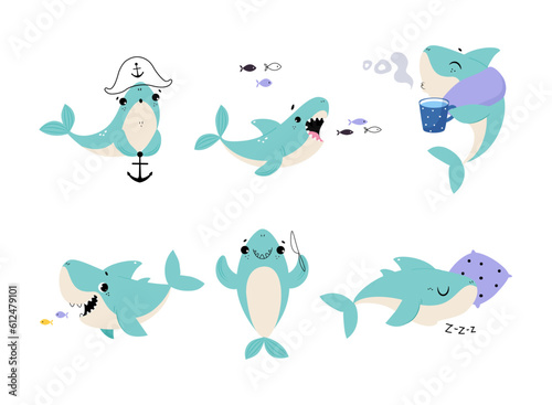 Comic Blue Shark as Marine Animal Vector Set