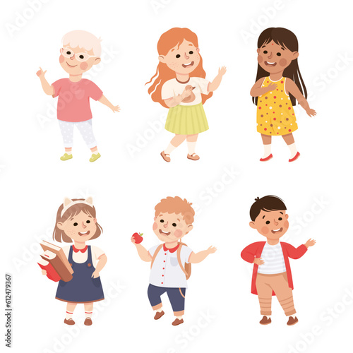 Little Boy and Girl Standing and Talking to Each Other Engaged in Friendly Communication Vector Set