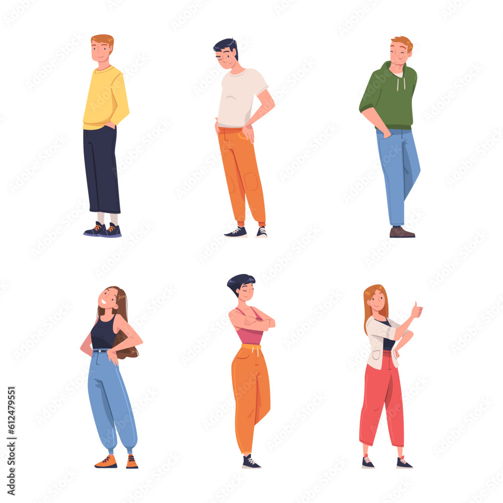Obraz premium Young Smiling Man and Woman in Standing Pose Vector Illustration Set