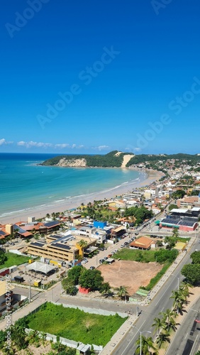 Vertical drone shot of buildings on the Ponta Negra beach in Natal, Rio Grande do Norte, Brazil
