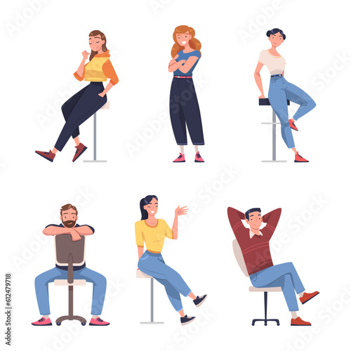 Young Smiling Man and Woman Sitting on Chair and in Standing Pose Vector Illustration Set