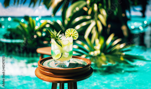 illustrazione generative ai con tavolino e bicchiere con bevanda ghiacciata e decorazioni, sfondo sfuocato di vegetazione e acqua, vacanza e relax photo