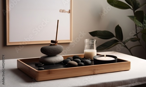  a tray with rocks and a candle on top of a table next to a mirror and a plant with a candle in it on a table. generative ai